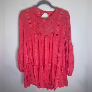 Free People Pink Tunic with Floral Embroidered Details Size M